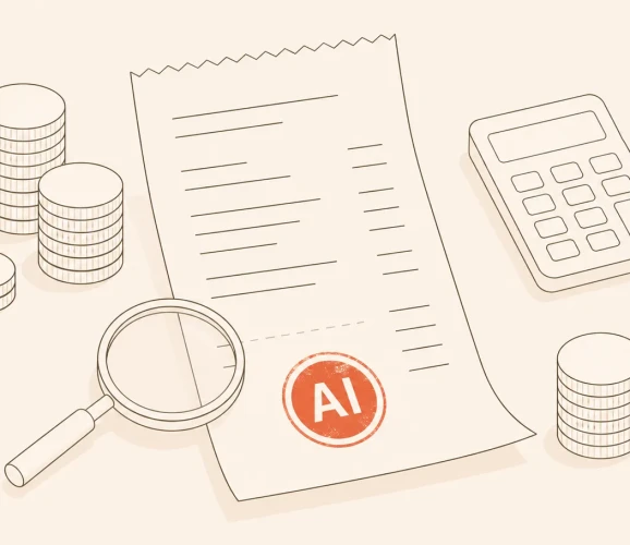 Ilustrație: factură cu ștampilă AI, monede și calculator — costul unei soluții AI