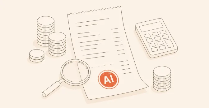 Illustration: invoice with an AI stamp, coins and a calculator — the cost of an AI solution