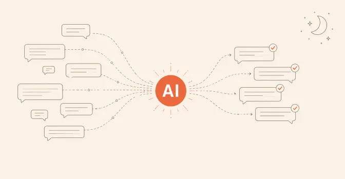 Ilustrație: mesaje de la clienți primind răspunsuri automate de la un asistent AI